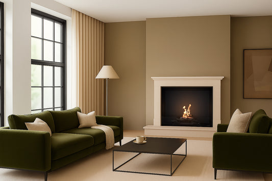 Modern living room with green sofa, fireplace, and coffee table.