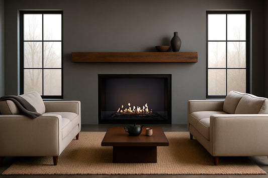Modern living room with beige sofas, a fireplace, and decorative items.