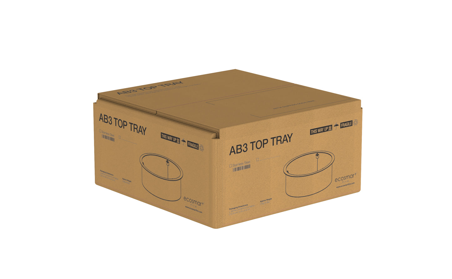 Cardboard box labeled 'AB3 Top Tray' on a white background