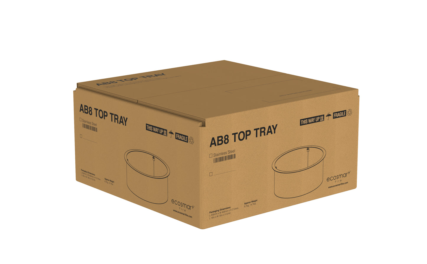 Cardboard box labeled 'ABB TOP TRAY' on a white background