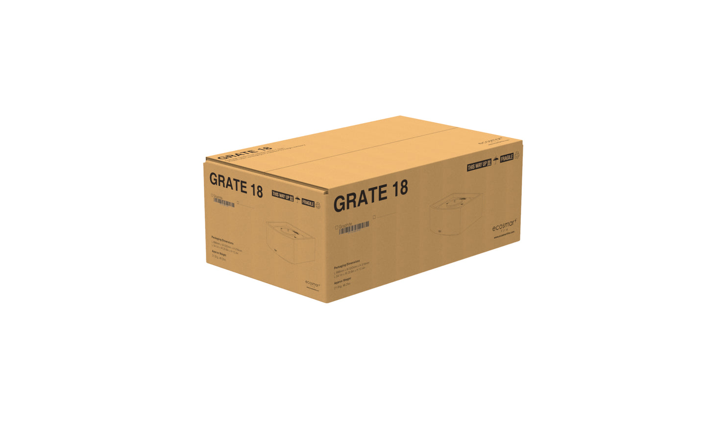 Cardboard box with 'GRATE 18' branding on a white background