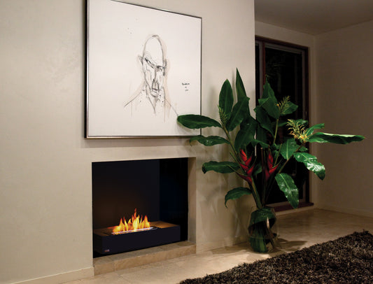 Modern living room with a fireplace, plant, and framed artwork.