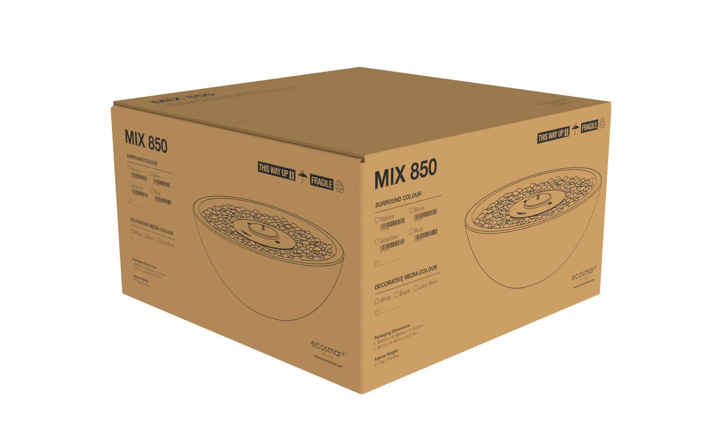 Cardboard box with 'MIX 850' branding on a white background