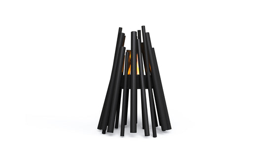 Black metal outdoor fire pit with glowing interior on a white background
