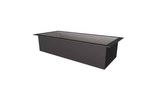 Black rectangular fire pit table on a white background