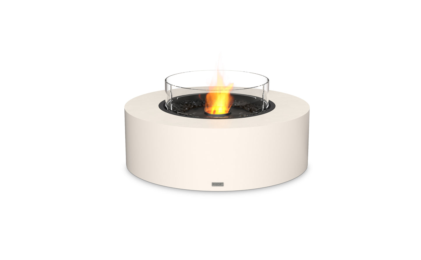 Round white fire pit with flames on a white background