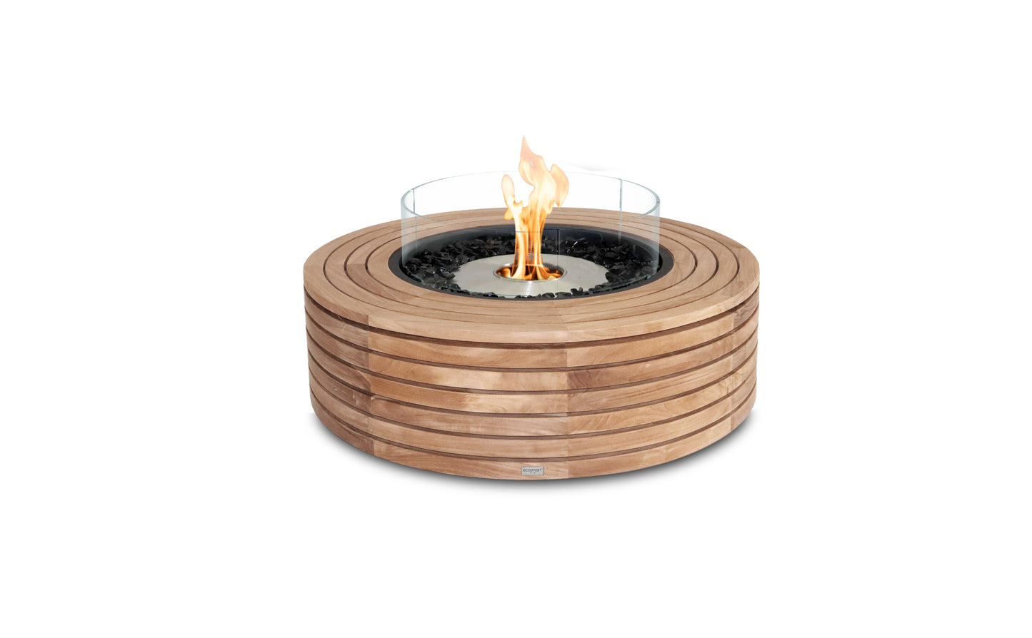 Wooden fire pit table with flames on a white background
