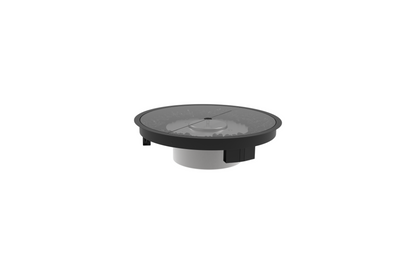 Round black and gray object on a white background