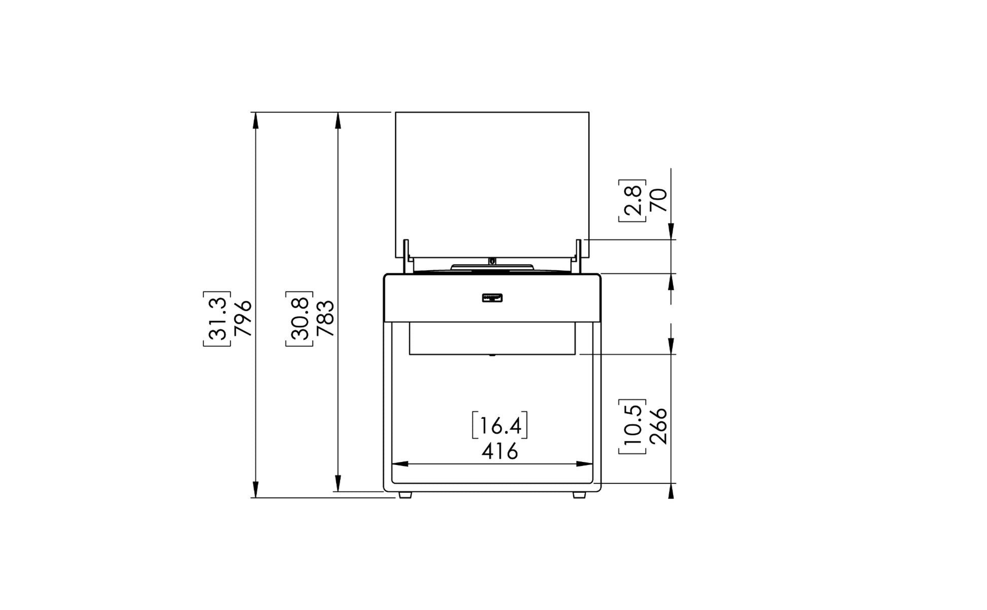 Technical drawing of a kitchen cabinet with dimensions