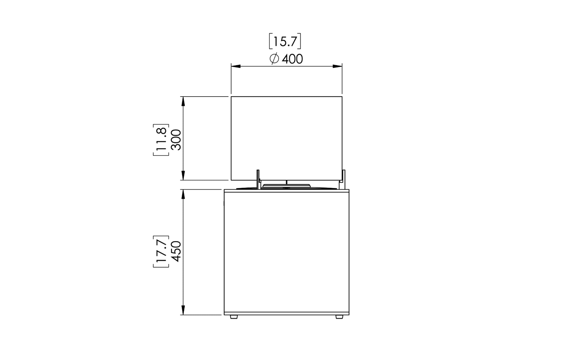 Technical drawing of a refrigerator with dimensions labeled