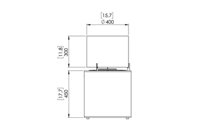 Technical drawing of a refrigerator with dimensions labeled