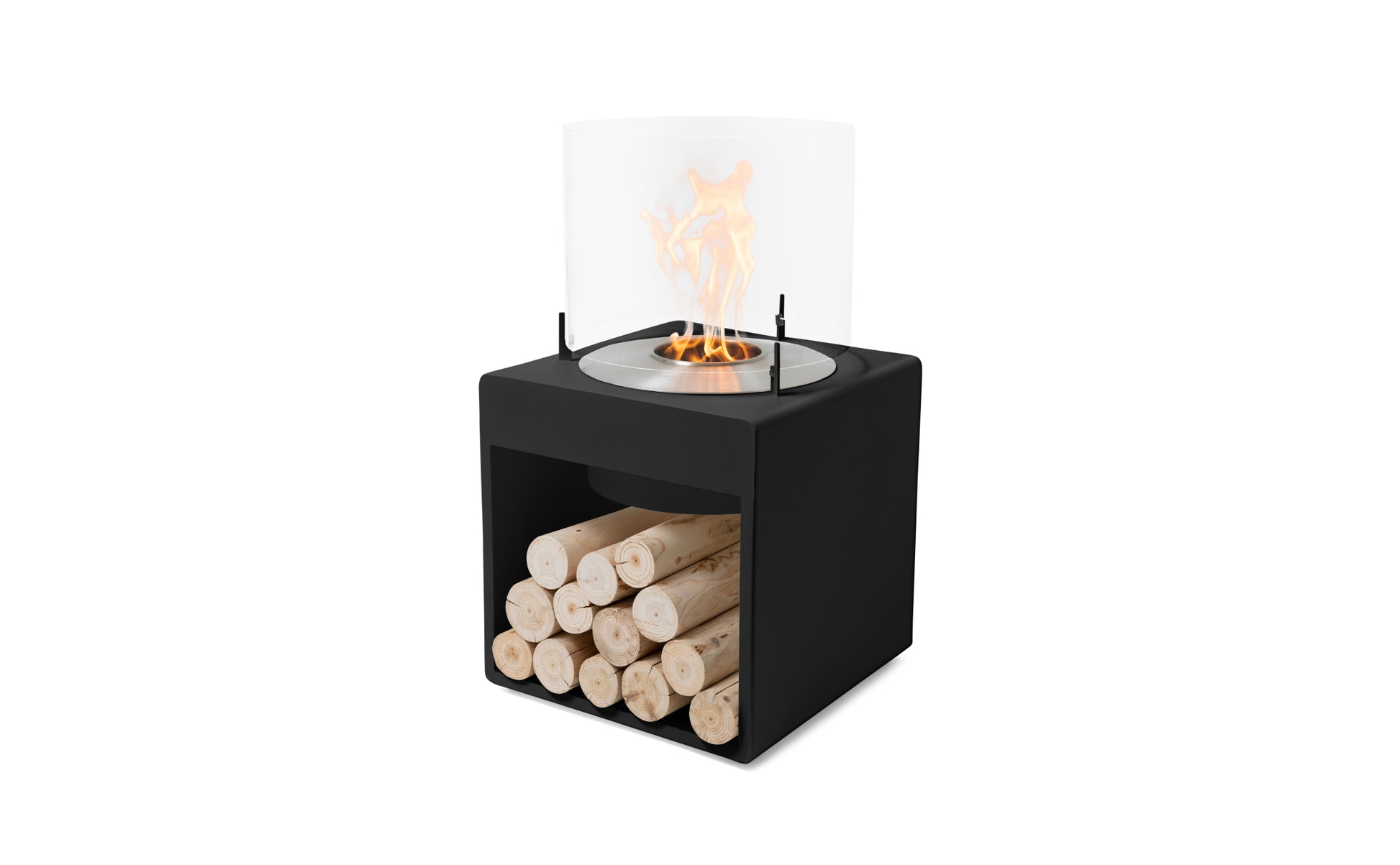 Black cube-shaped fire pit with logs on a white background