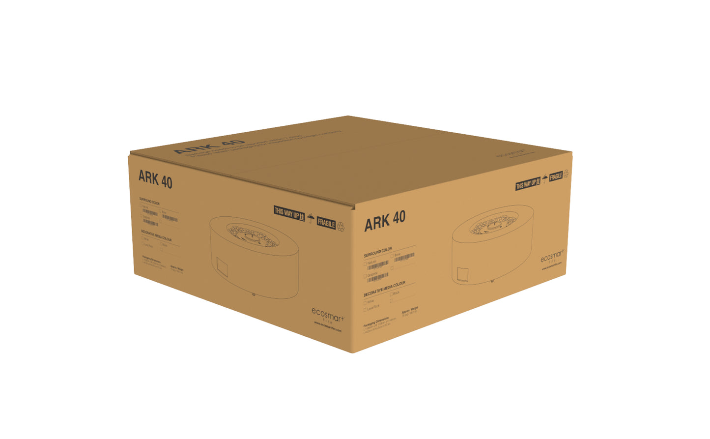 Cardboard box with 'ARK 40' branding on a white background