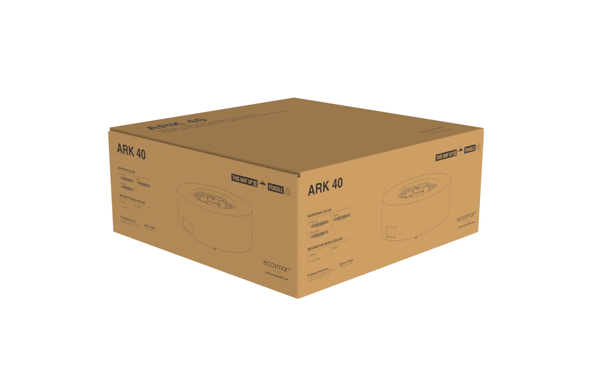 Cardboard box with 'ARK 40' branding on a white background