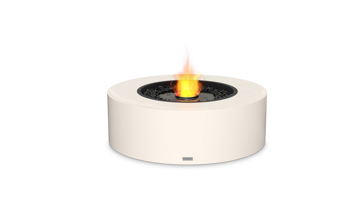 White round fire pit with flames on a white background