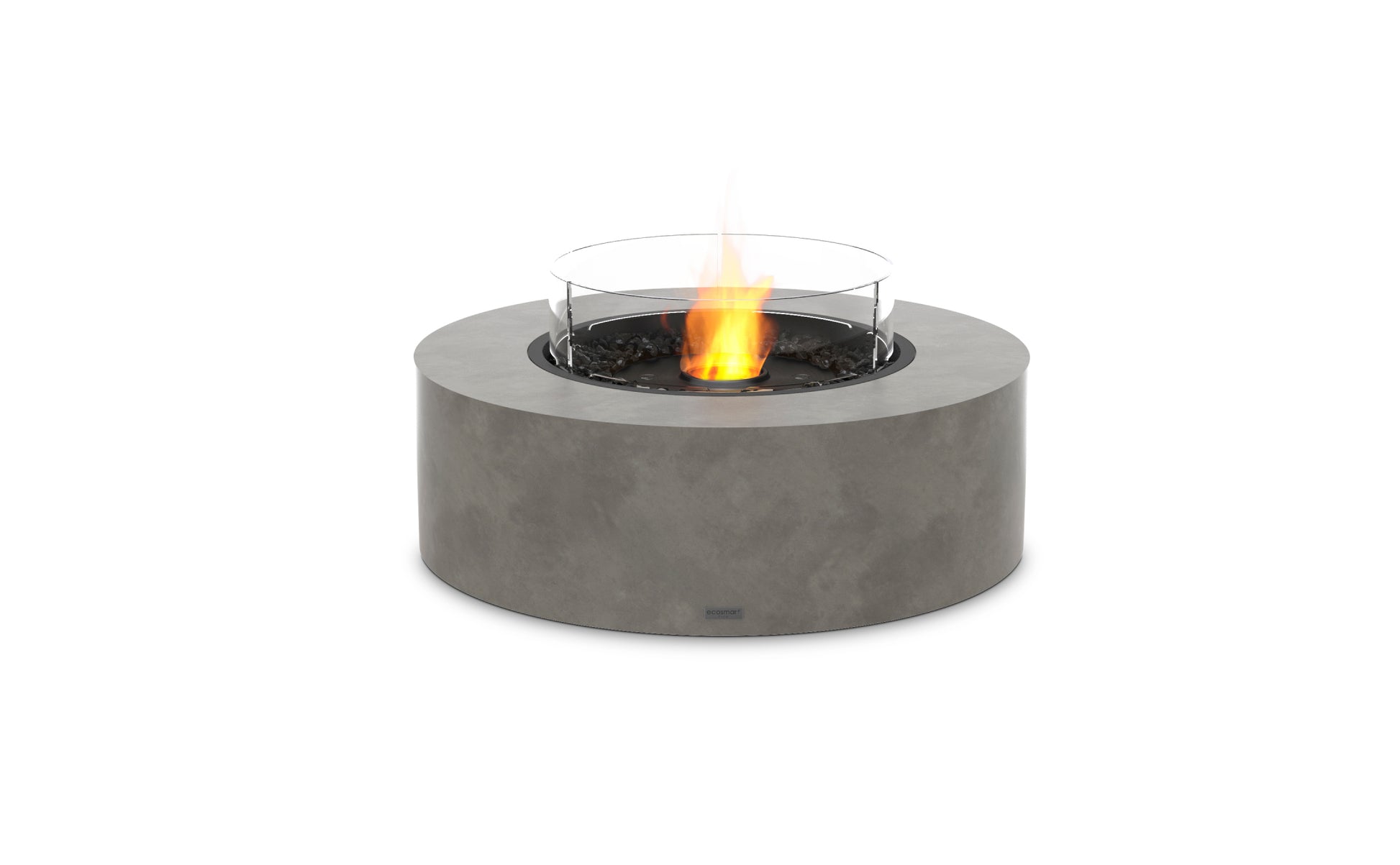 Round concrete fire pit with visible flame on a white background