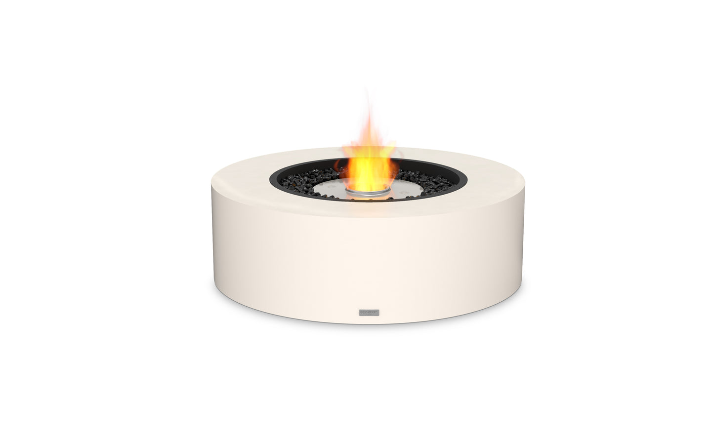 Round white fire pit with flames on a white background