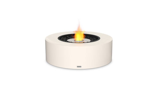 Round white fire pit with flames on a white background