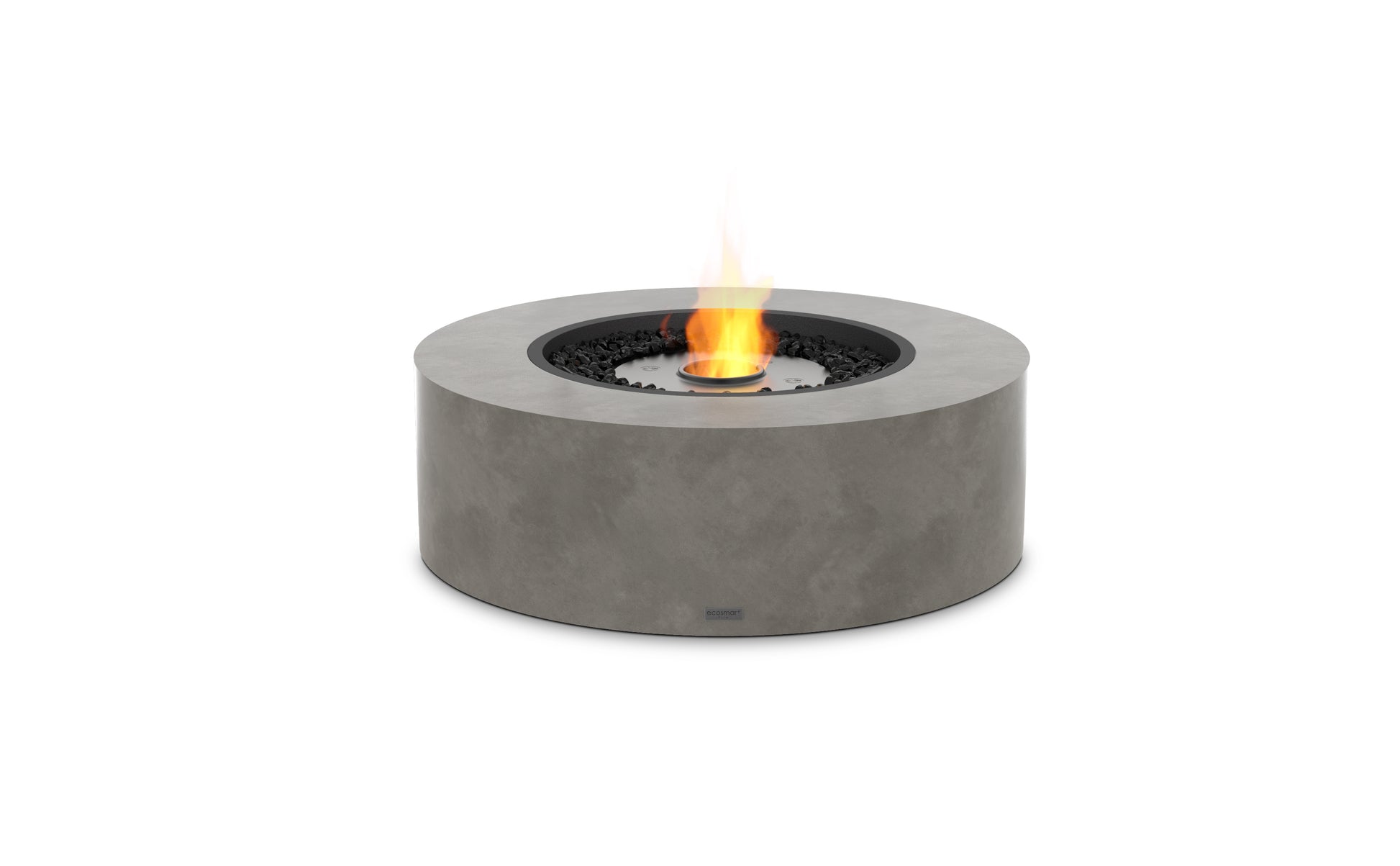 Round concrete fire pit with flames on a white background