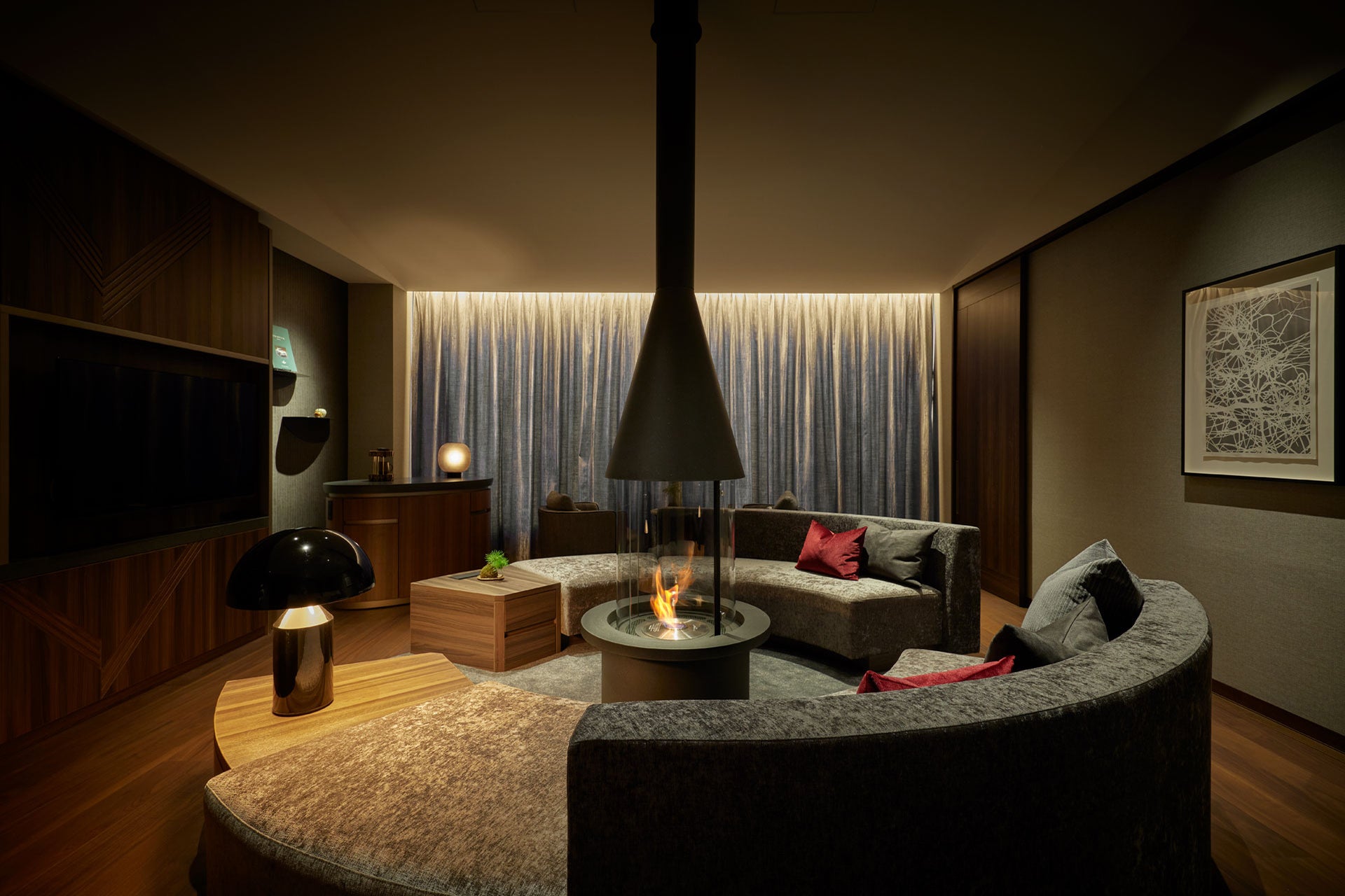 Modern living room with a fireplace and cozy decor