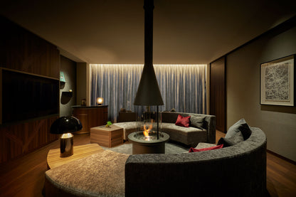 Modern living room with a fireplace and cozy decor