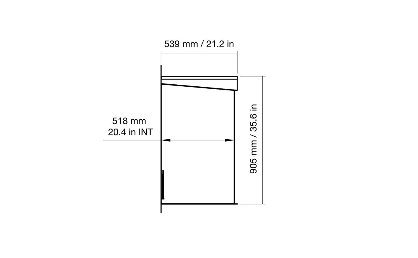 Technical drawing of a rectangular object with dimensions labeled