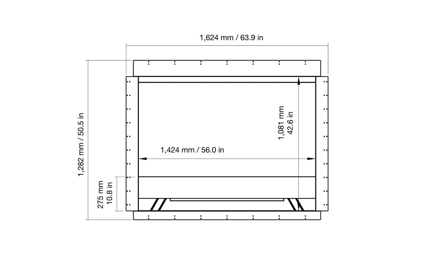 Technical drawing of a rectangular component with dimensions labeled