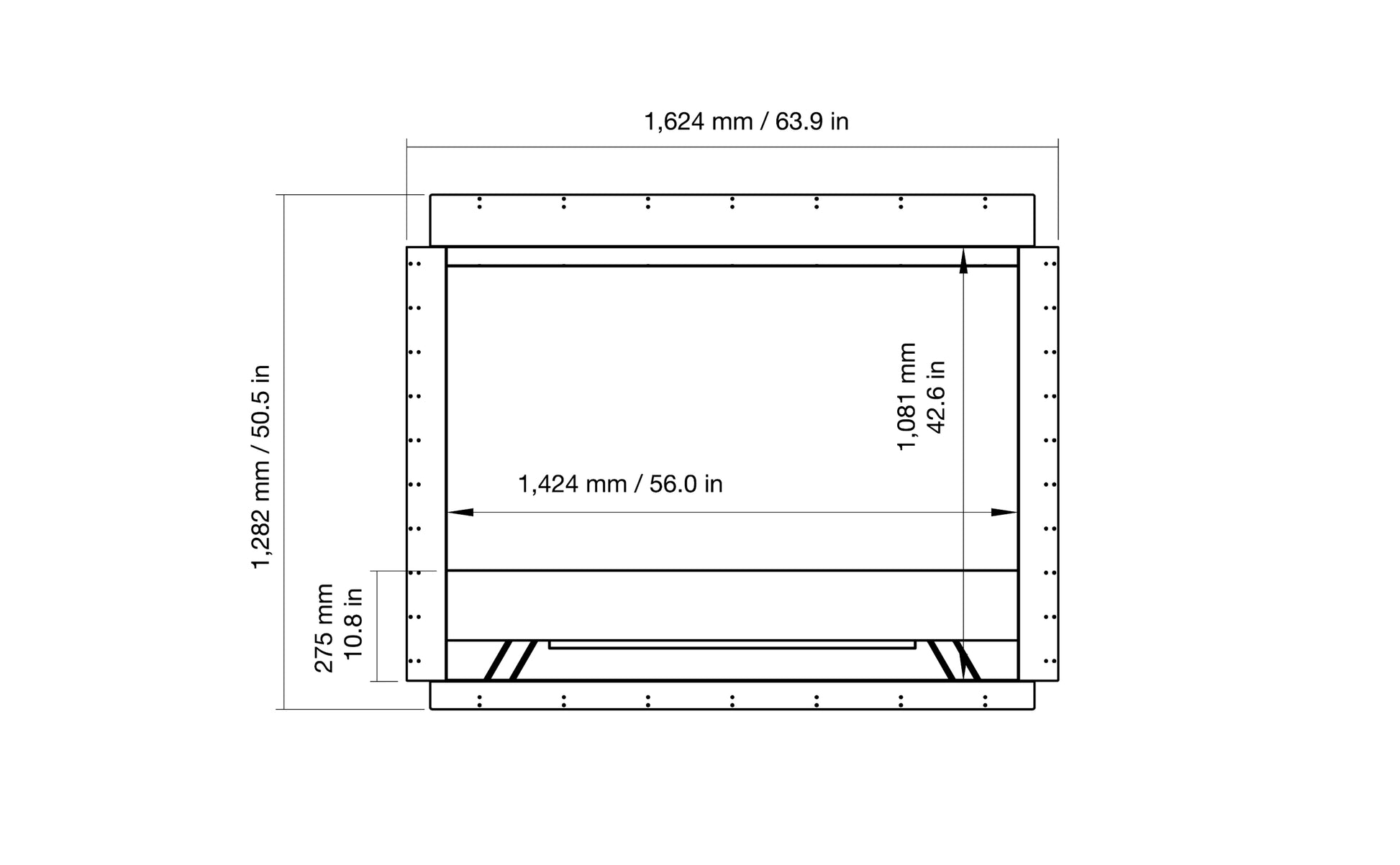 Technical drawing of a rectangular component with dimensions labeled