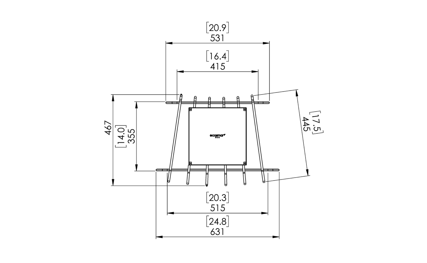 Technical birdseye view drawing of a fireplace with dimensions