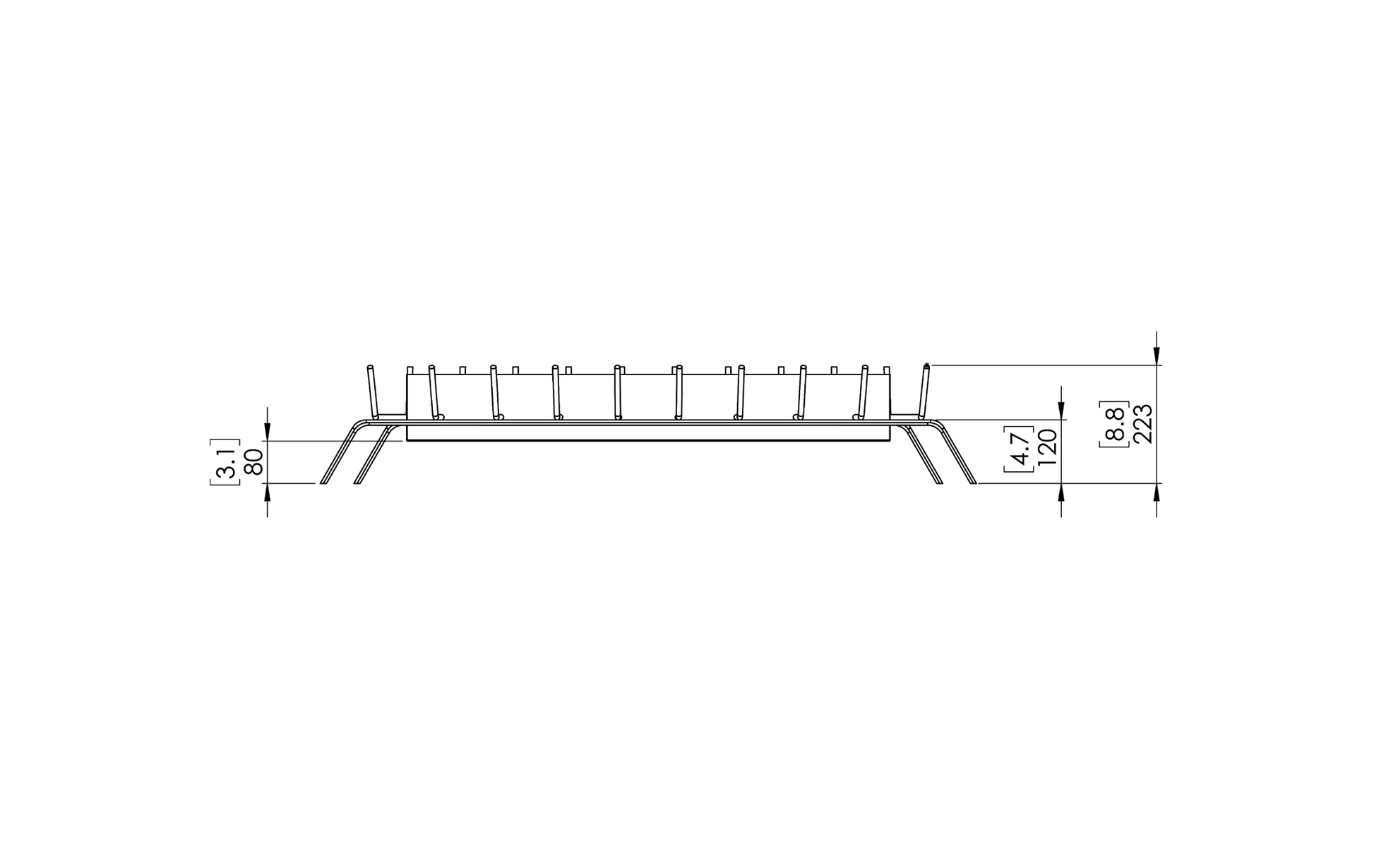Technical drawing of a rectangular metal fireplace with dimensions on a white background