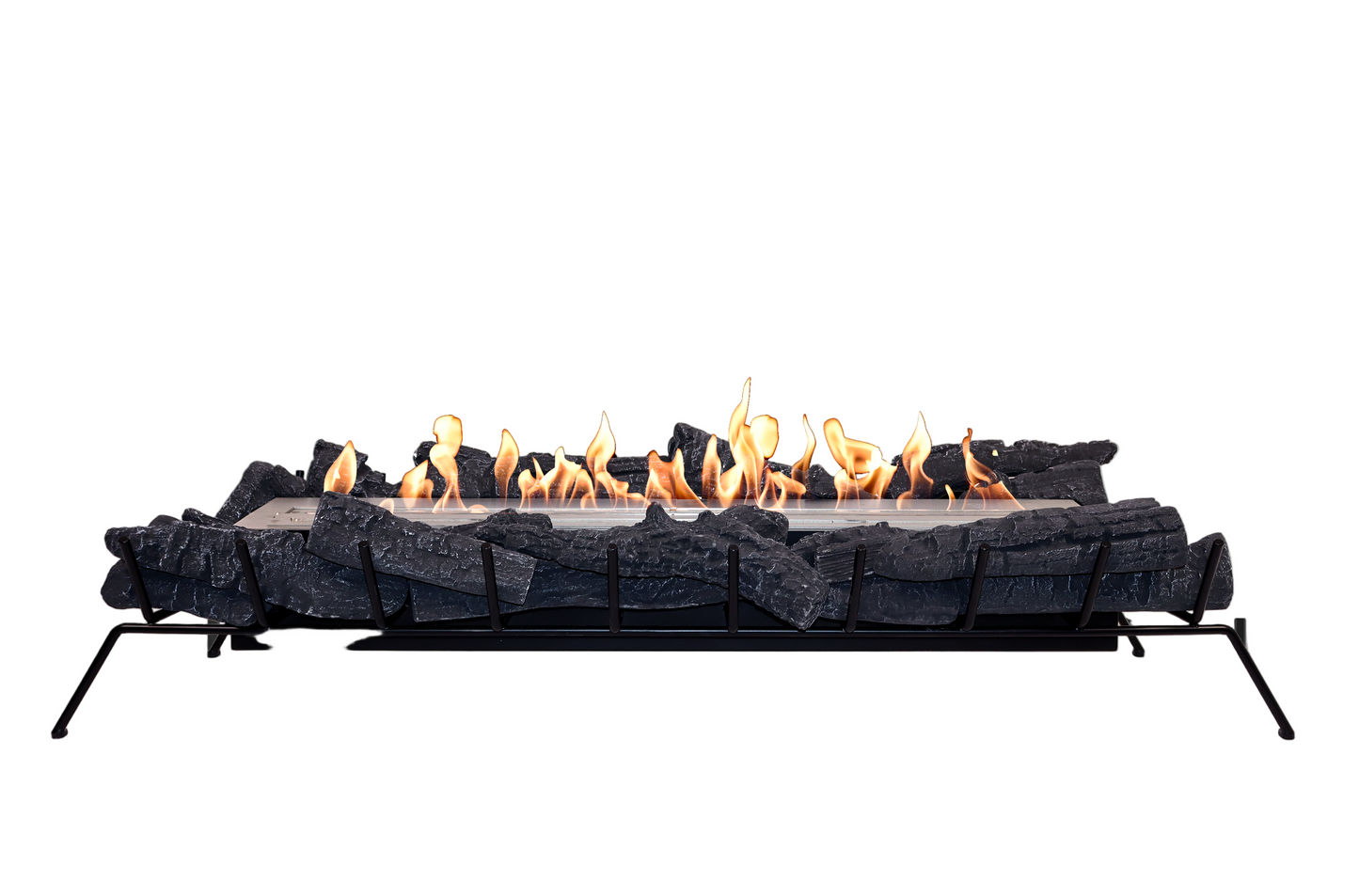 Modern outdoor fire pit with flames on a white background