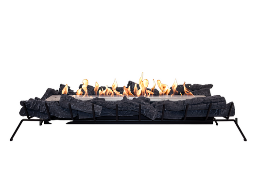 Modern outdoor fire pit with flames on a white background