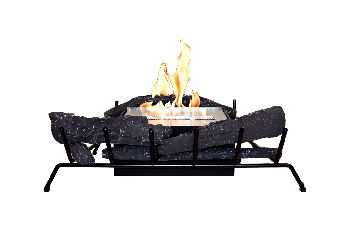 Portable fire pit with flames on a white background