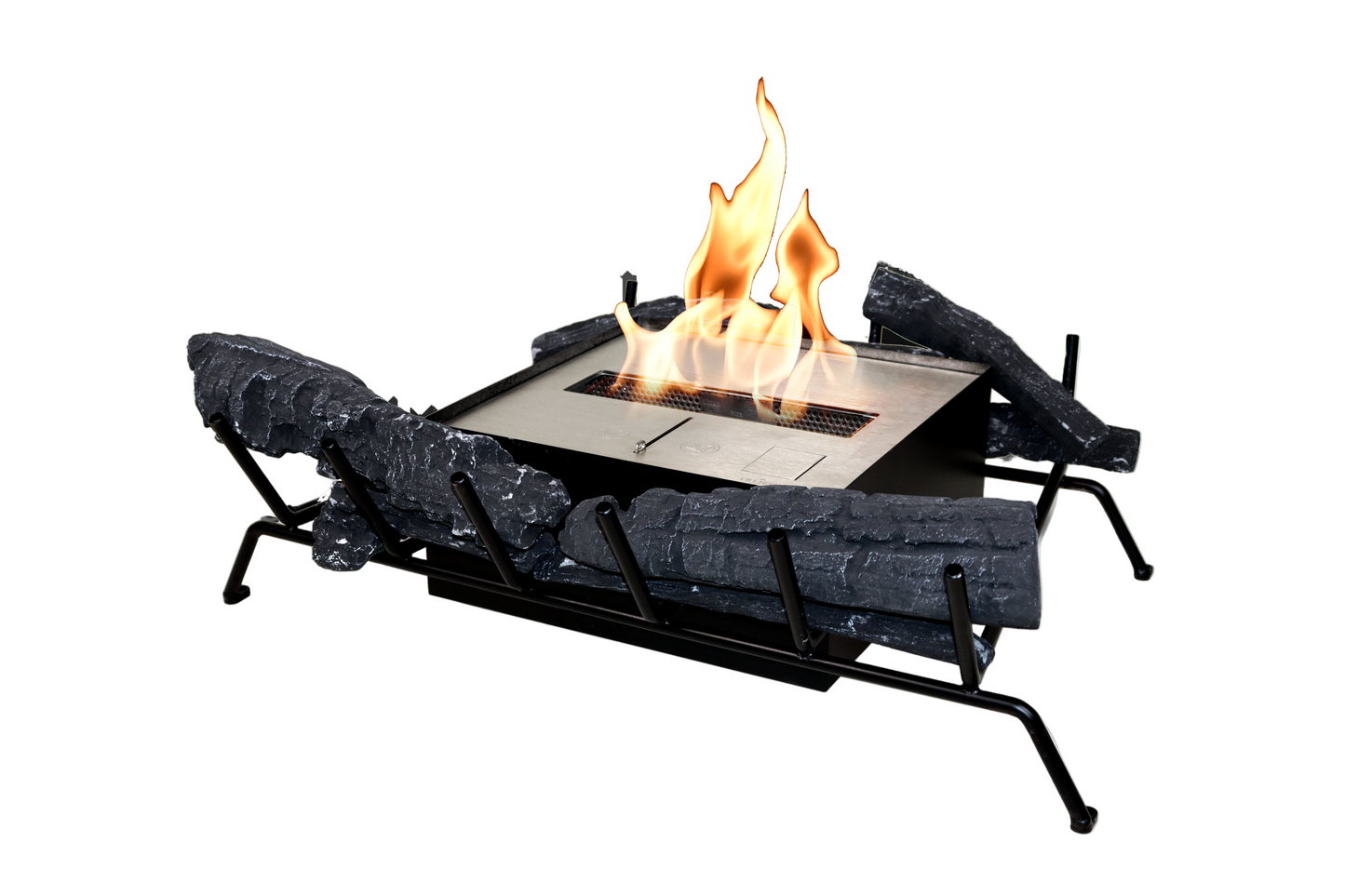 Portable heritage fire pit with flames and rocks on a white background