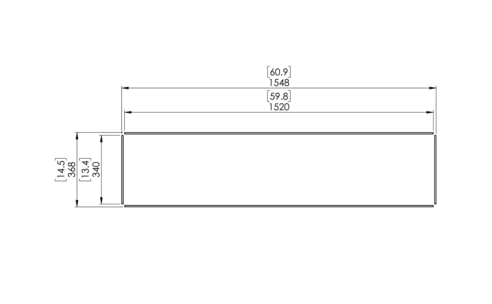 Technical drawing of a rectangular component with dimensions