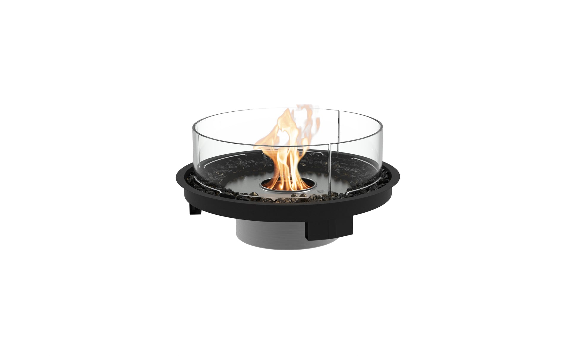 Portable fire pit with flames on a white background
