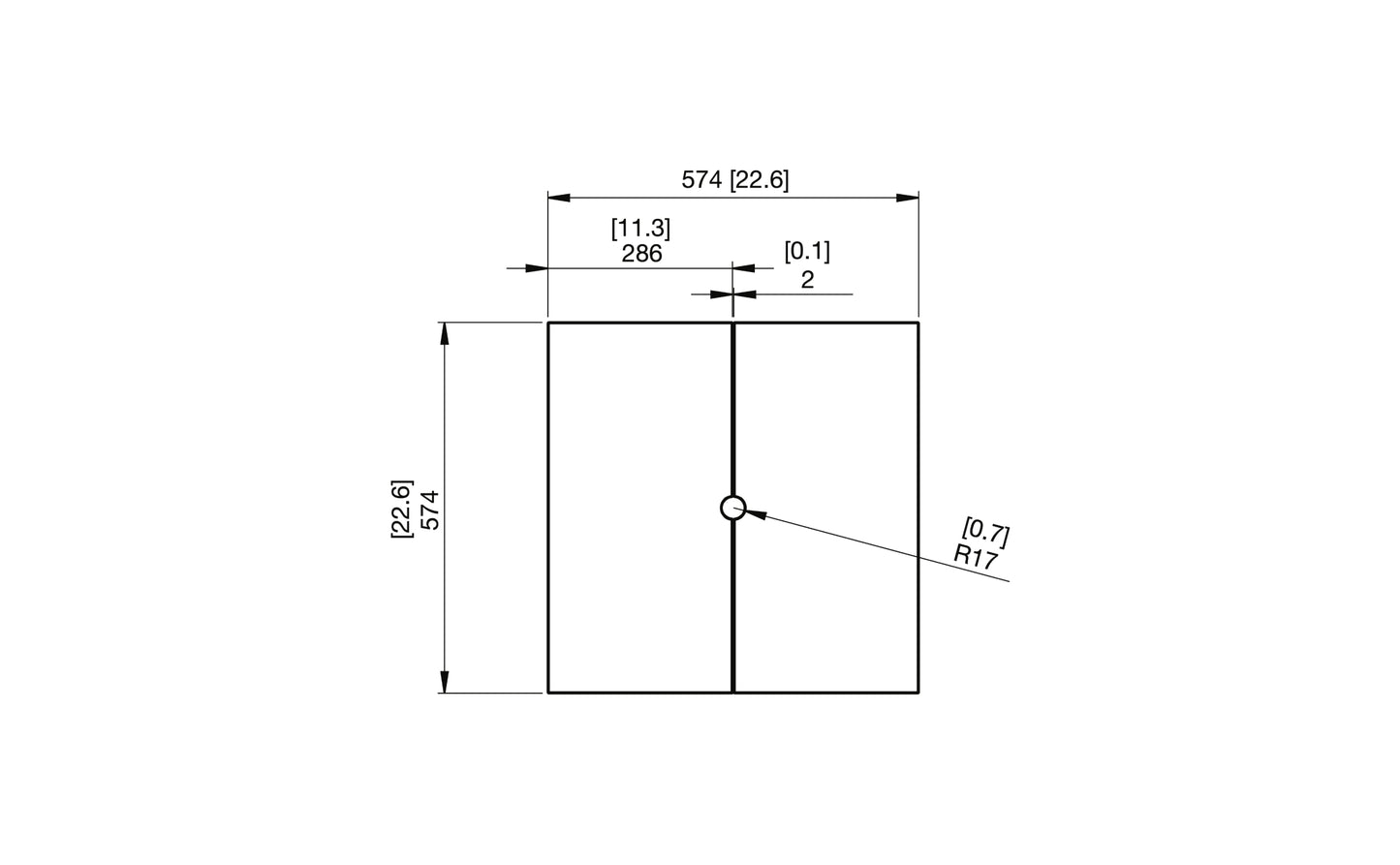 Technical drawing of a rectangular component with dimensions