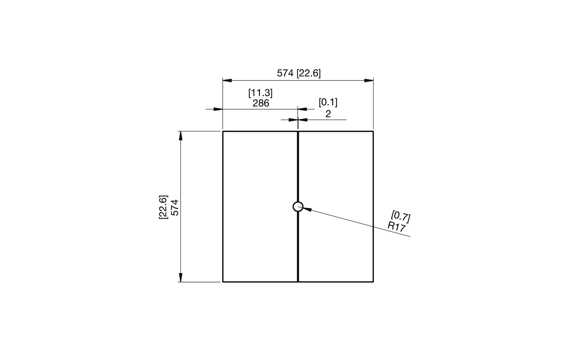 Technical drawing of a rectangular component with dimensions