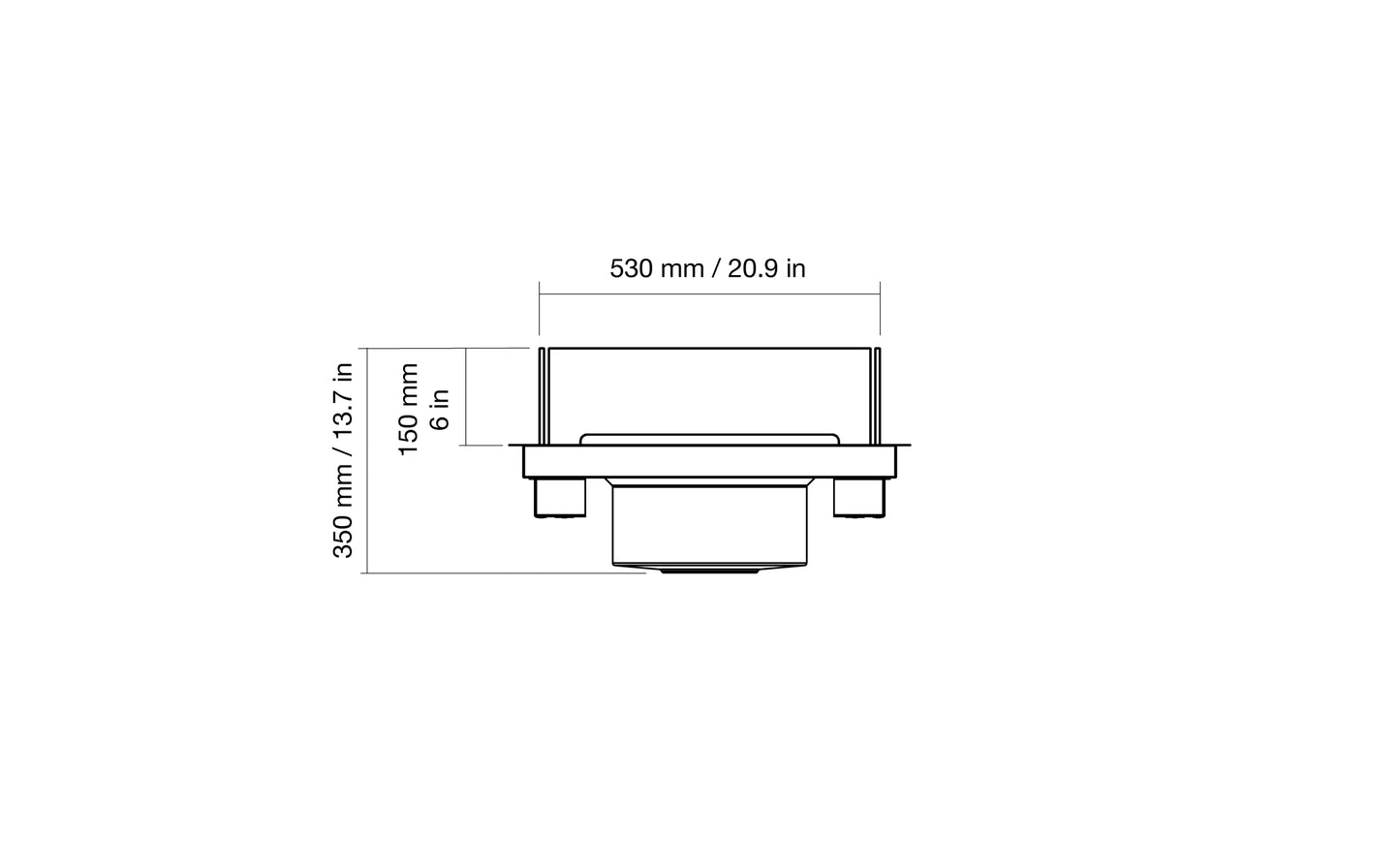 Technical drawing of a rectangular object with dimensions labeled