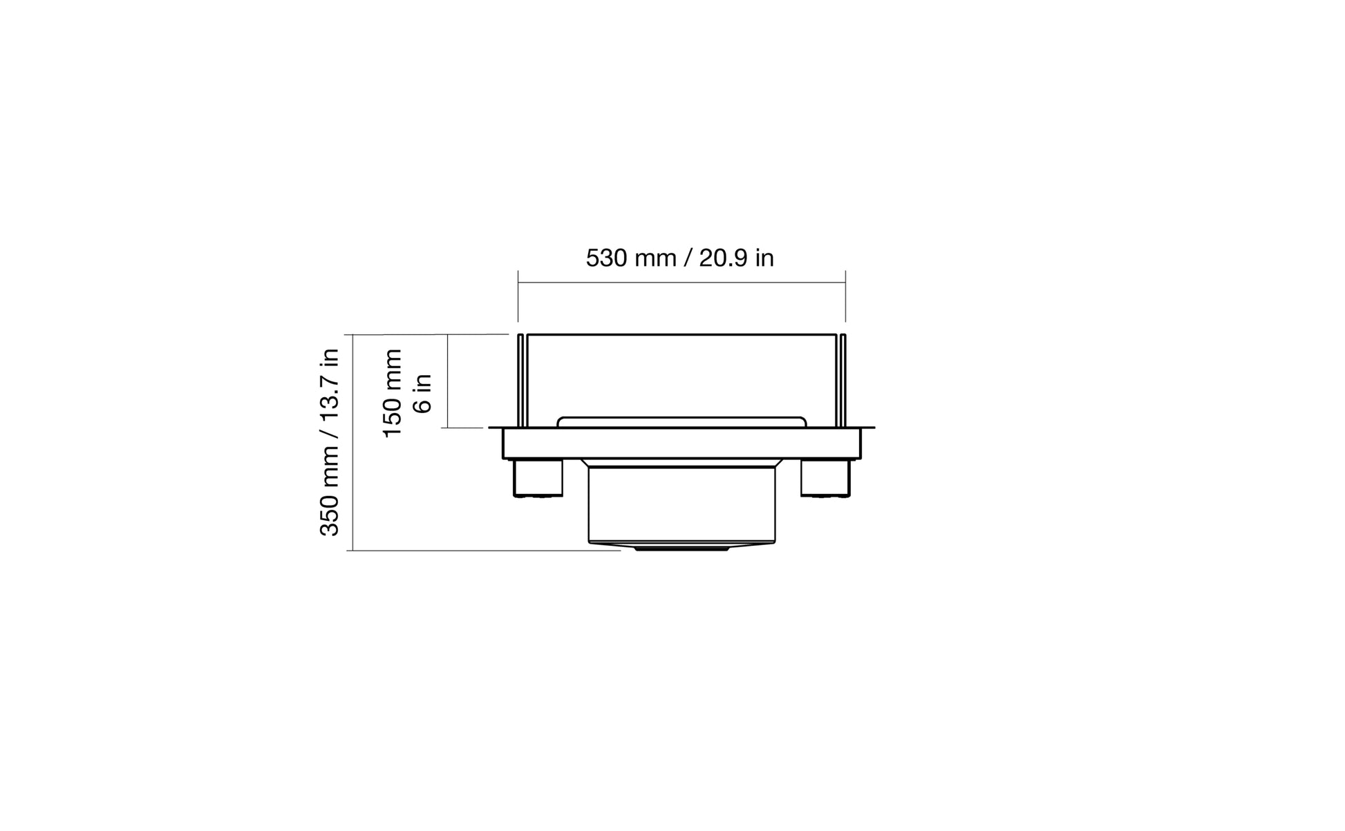 Technical drawing of a rectangular object with dimensions labeled
