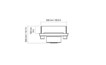 Technical drawing of a rectangular object with dimensions labeled