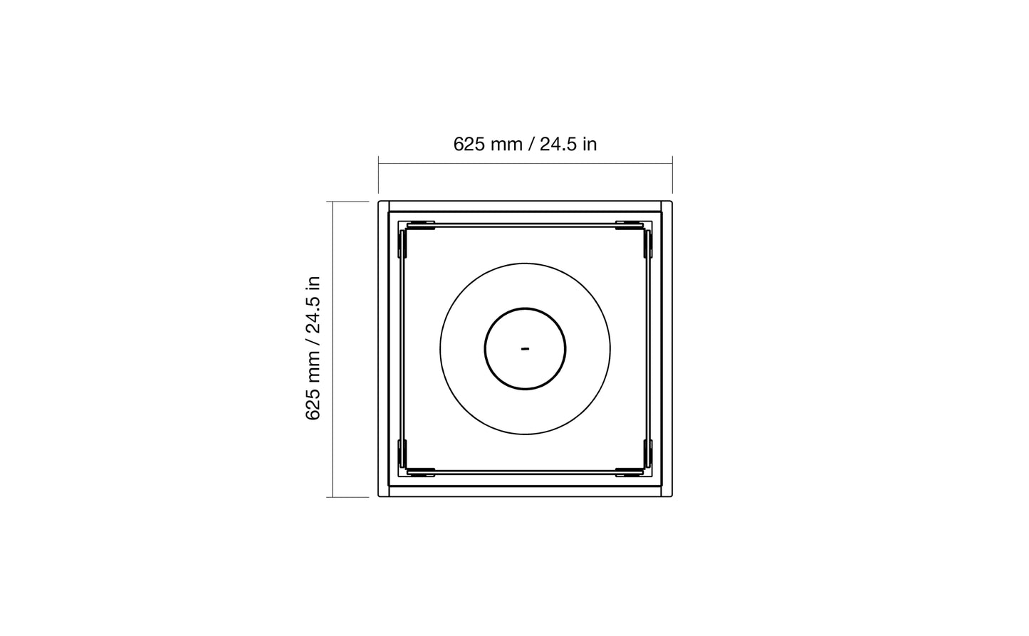 Technical drawing of a square frame with circular center, showing dimensions on a white background.