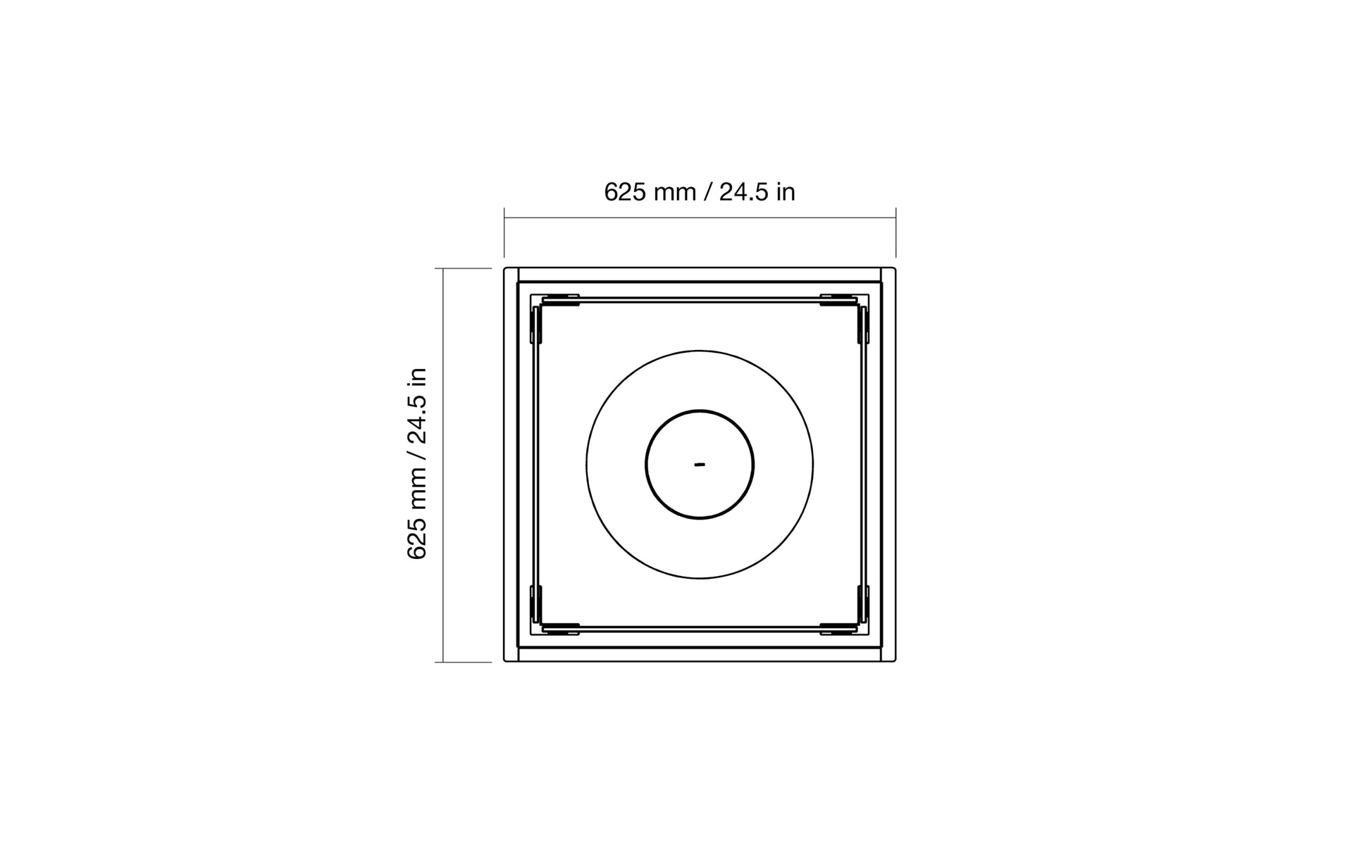 Technical drawing of a square frame with circular center, showing dimensions on a white background.