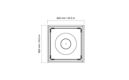 Technical drawing of a square frame with circular center, showing dimensions on a white background.
