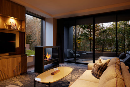 Modern living room with a fireplace, sofa, and large windows.