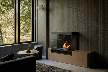 Modern living room with a fireplace and large windows showing greenery outside.