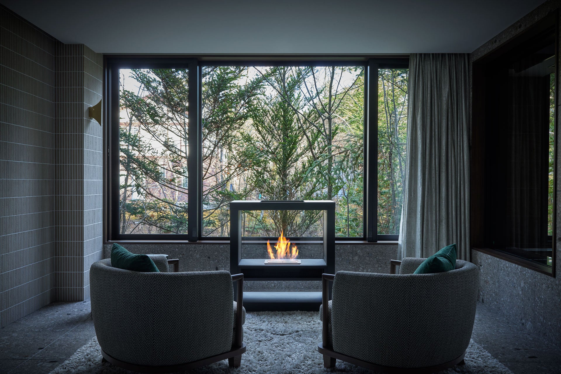Modern living room with a fireplace and large windows overlooking trees
