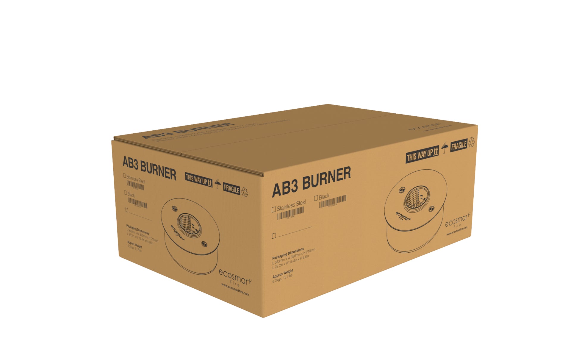 Cardboard box with 'AB3 Burner' branding on a white background