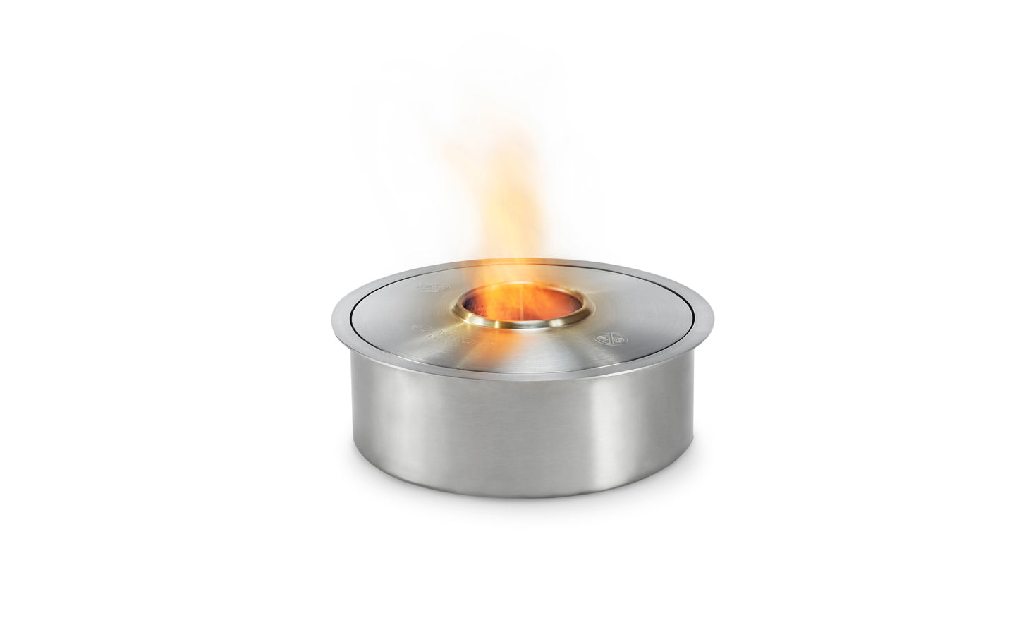 Stainless steel fire burner insert with flame on a white background