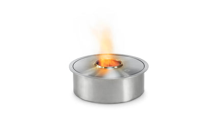 Stainless steel fire burner insert with flame on a white background